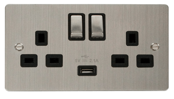 Define 13A 2G Sw Skt With 2 - 13A 2G Ingot Switched Socket With 2.1A USB Outlet - Black in black finish.