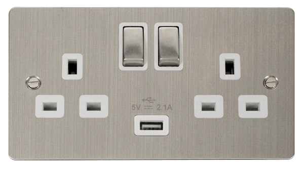 Define 13A 2G Sw Skt With 2 - 13A 2G Ingot Switched Socket With 2.1A USB Outlet - White in black finish.