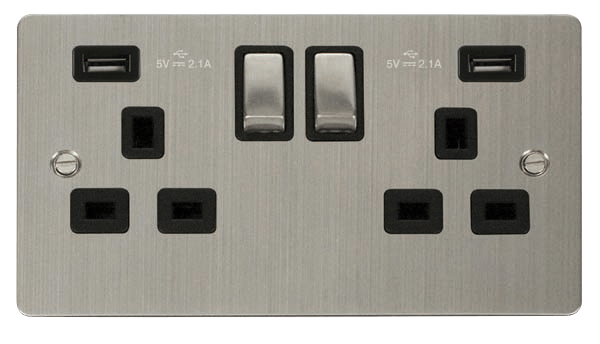 Define 2G 13A Sw Skt 4.2A U - 13A Ingot 2 Gang Switched Socket With Twin 2.1A USB Outlets (4.2A) (Twin Earth) in black finish.