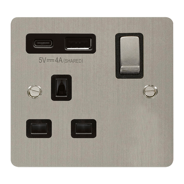 Define 13A 1G A&C Usb Ss Bk - DEFINE 'INGOT' 13A 1  GANG  SWITCHED SAFETY SHUTTER SOCKET OUTLET WITH TYPE A & C USB (4A) OUTLETS - STAINLESS STEEL - BLACK INSERTS in black finish.