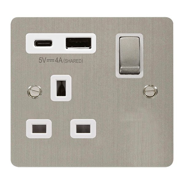 Define 13A 1G A&C Usb Ss Wh - DEFINE 'INGOT' 13A 1  GANG  SWITCHED SAFETY SHUTTER SOCKET OUTLET WITH TYPE A & C USB (4A) OUTLETS - STAINLESS STEEL - WHITE INSERTS in black finish.