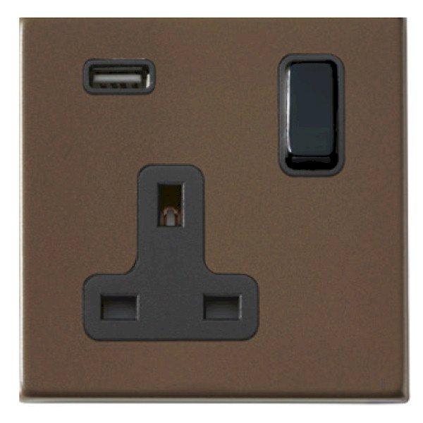 Hartland CFX Richmond Bronze 1-Gang 13A Single Pole Switched Socket and 2.1A USB Type-A Outlet with Black Insert 7RBCSS1USBBL-B