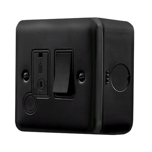 Black Industrial Wall 13A Fused Spur with Flex Outlet Metal Clad Pro 13A Switched Fused Connection With Flex Outlet With Optional Flex Outlet MCP051BK