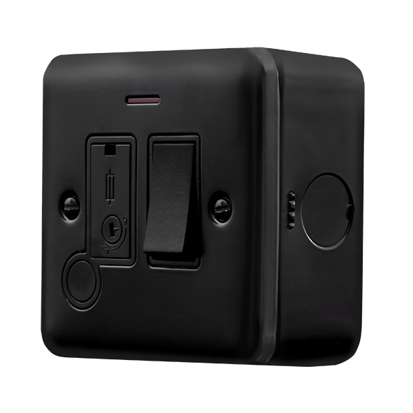 Black Industrial Wall 13A Fused Spur with Flex Outlet & Neon Metal Clad Pro 13A Switched Fused Connection With Flex Outlet With Optional Flex Outlet & Led MCP052BK
