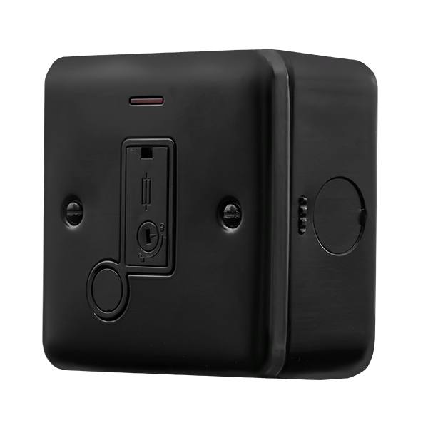 Black Industrial Wall 13A Unswitched Fused Spur with Flex Outlet & Neon Metal Clad Pro 13A Fused Connection With Flex Outlet With Optional Flex Outlet & Led MCP053BK