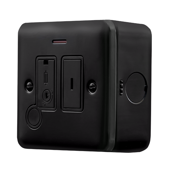 Black Industrial Wall  Metal Clad Pro 13A Key Switched Fused Connection With Flex Outlet With Optional Flex Outlet & Led -Black MCP1252BK