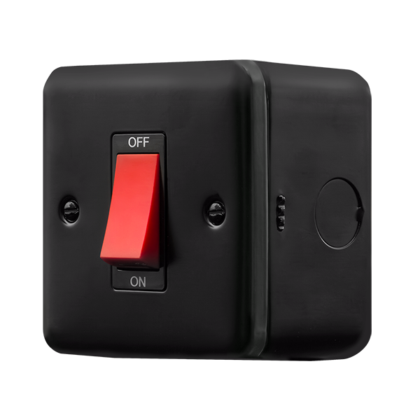 Black Industrial Wall  Metal Clad Pro 50A 1 Gang Double Pole Plate Switch With Red Rocker MCP200BK