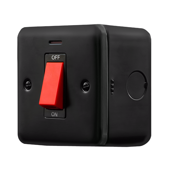 Black Industrial Wall  Metal Clad Pro 50A 1 Gang Double Pole Plate Switch With Red Rocker & Led MCP201BK