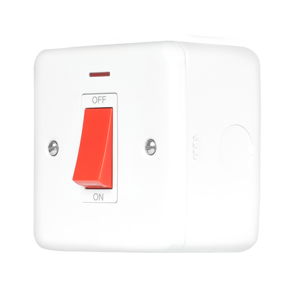 Polar White Industrial Wall  Metal Clad Pro 50A 1 Gang Double Pole Plate Switch With Red Rocker & Led MCP201PW