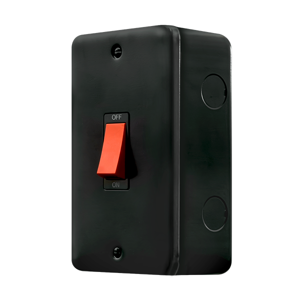 Black Industrial Wall  Metal Clad Pro 50A 2 Gang (Vertical) Double Pole Plate Switch With Red Rocker MCP202BK