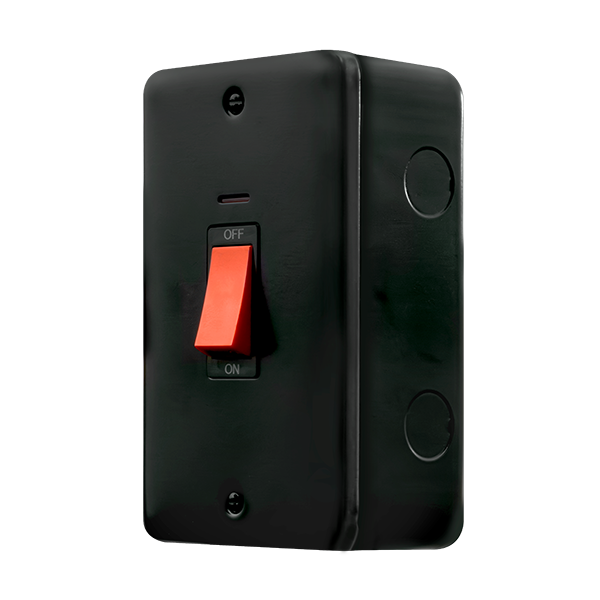 Black Industrial Wall  Metal Clad Pro 50A 2 Gang (Vertical) Double Pole Plate Switch With Red Rocker & Led MCP203BK