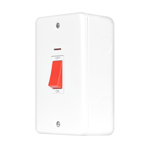 Polar White Industrial Wall  Metal Clad Pro 50A 2 Gang (Vertical) Double Pole Plate Switch With Red Rocker & Led MCP203PW