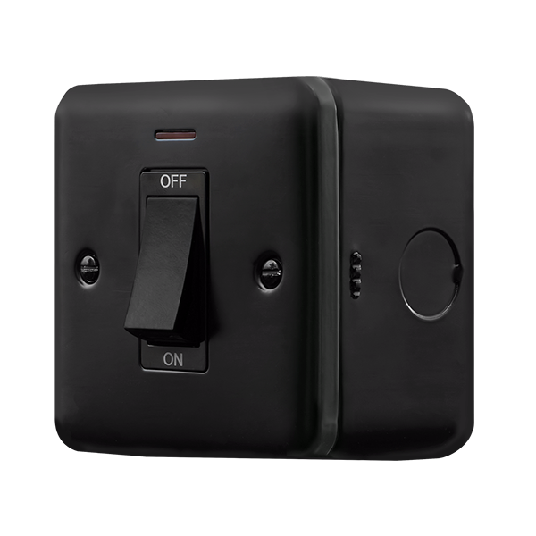 Black Industrial Wall  Metal Clad Pro 50A 1 Gang Double Pole Plate Switch With White Rocker & Led MCP501BK