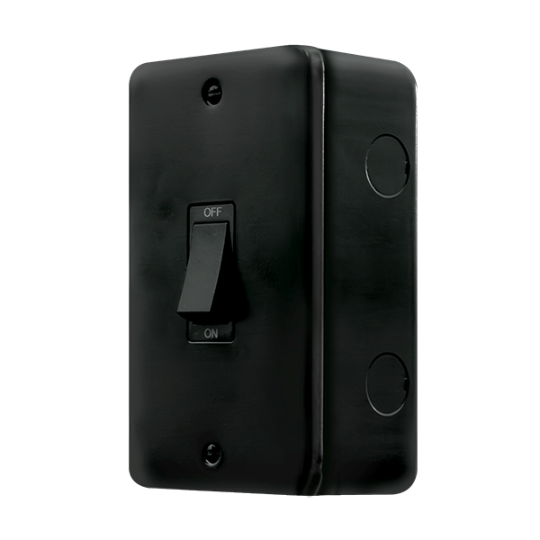 Black Industrial Wall  Metal Clad Pro 50A 2 Gang (Vertical) Double Pole Plate Switch With White Rocker MCP502BK