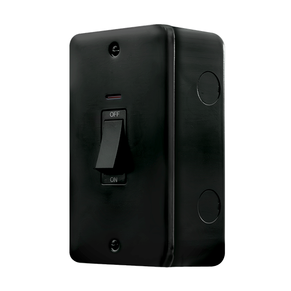 Black Industrial Wall  Metal Clad Pro 50A 2 Gang (Vertical) Double Pole Plate Switch With White Rocker & Led MCP503BK