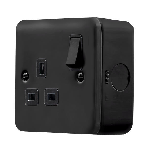 Black Industrial Wall  Metal Clad Pro 13A 1 Gang Double Pole Safety Shutter Switched Socket Outlet MCP535BK