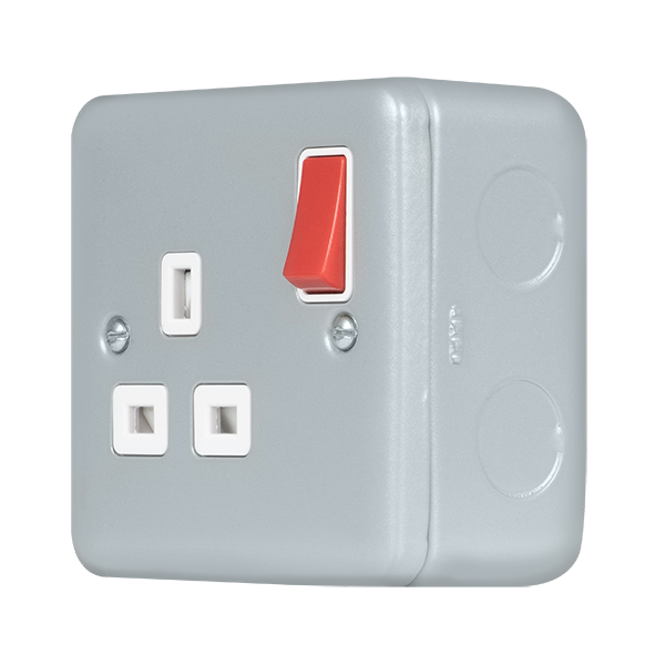 Metal Industrial Wall  Metal Clad Pro 13A 1 Gang Double Pole Safety Shutter Switched Socket Outlet - Red Rocker MCP535RD
