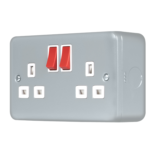 Metal Industrial Wall  Metal Clad Pro 13A 2 Gang Double Pole Safety Shutter Switched Socket Outlet - Red Rockers MCP536RD