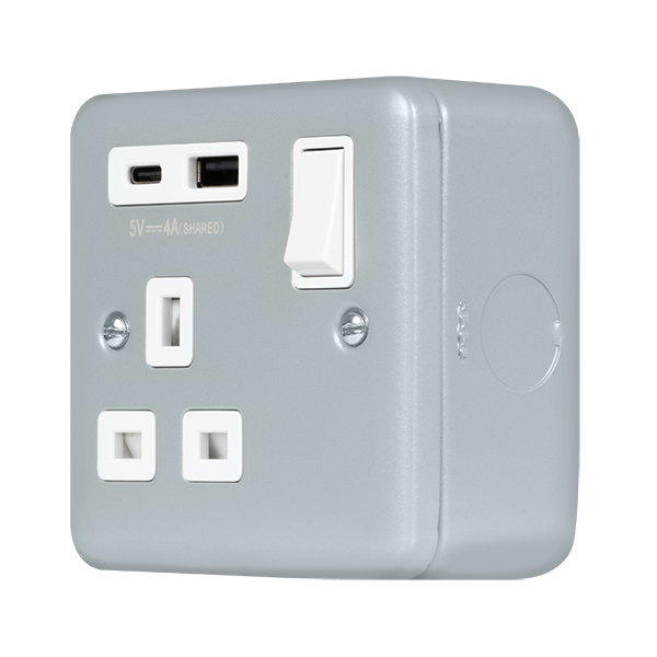 Metal Industrial Wall  Metal Clad Pro 13A 1G Safety Shutter Switched Socket Outlet With Type A & C Usb (4A Shared) Outlets MCP585