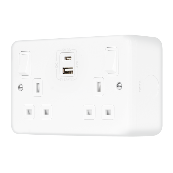 Polar White Industrial Wall  Metal Clad Pro 13A 2G Safety Shutter Switched Socket Outlet With Type A & C Usb (4.2A) Outlets MCP586PW