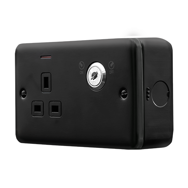 Black Industrial Wall  Metal Clad Pro 13A 1 Gang Double Pole Key Lockable Switched Socket With Led Indication MCP655BK