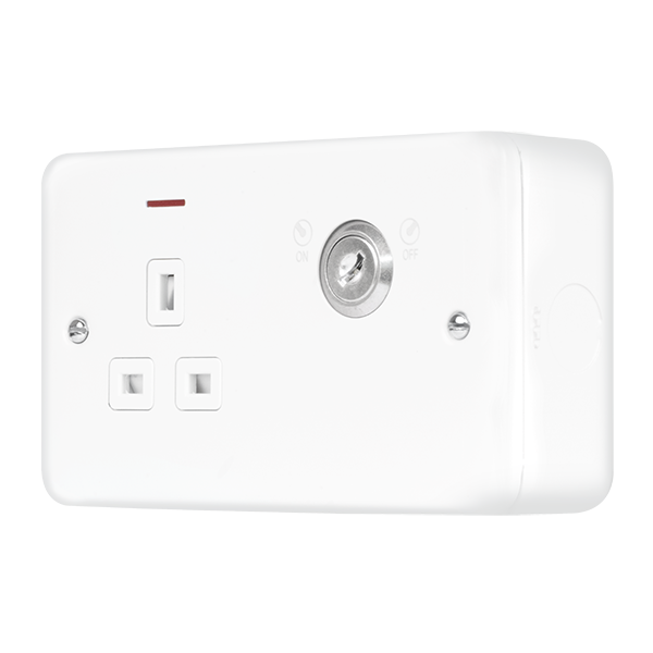 Polar White Industrial Wall  Metal Clad Pro 13A 1 Gang Double Pole Key Lockable Switched Socket With Led Indication MCP655PW