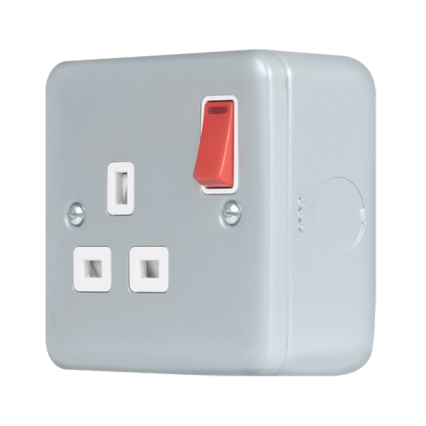 Metal Industrial Wall  Metal Clad Pro 13A 1 Gang Double Pole Safety Shutter Switched Socket Outlet With Led Indication - Red Rocker MCP835RD