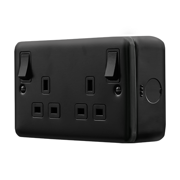 Black Industrial Wall  Metal Clad Pro 13A 2 Gang Double Pole Safety Shutter Outboard Switched Socket Outlet MCP836BK