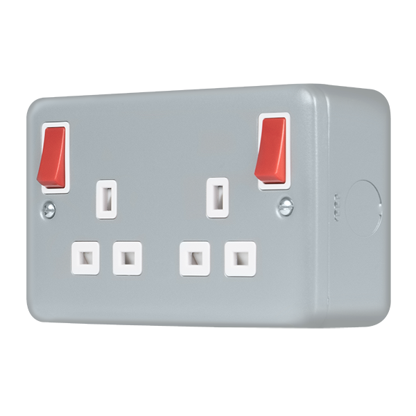 Metal Industrial Wall  Metal Clad Pro 13A 2 Gang Double Pole Safety Shutter Outboard Switched Socket Outlet - Red Rockers MCP836RD