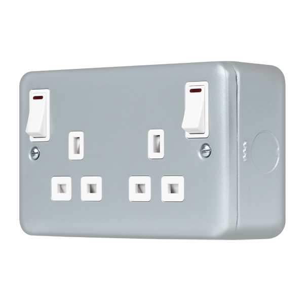 Metal Industrial Wall  Metal Clad Pro 13A 2 Gang Double Pole Safety Shutter Outboard Switched Socket Outlet With Led Indication MCP840