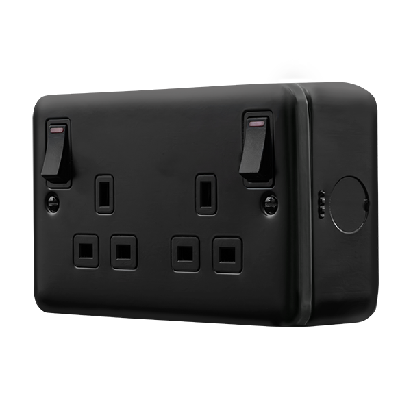 Black Industrial Wall  Metal Clad Pro 13A 2 Gang Double Pole Safety Shutter Outboard Switched Socket Outlet With Led Indication MCP840BK