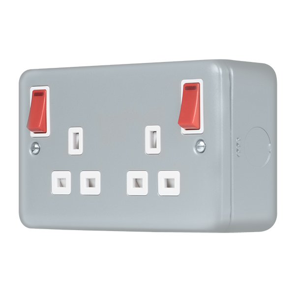 Metal Industrial Wall  Metal Clad Pro 13A 2 Gang Double Pole Safety Shutter Outboard Switched Socket Outlet With Led Indication - Red Rockers MCP840RD