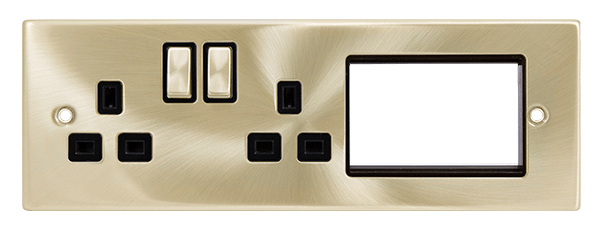 Click New Media Half New Media Part Furnished Front Plate - 2 X 13A DP Switched Sockets & 3 Apertures - Black - Satin Brass MP603SBBK