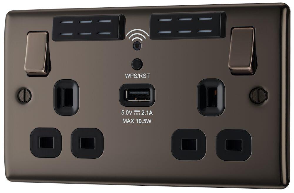 Nexus Metal Double Switched 13A Power Socket with WiFi Extender + USB Charging - 1X USB Socket (2.1A) - Prisma Lighting