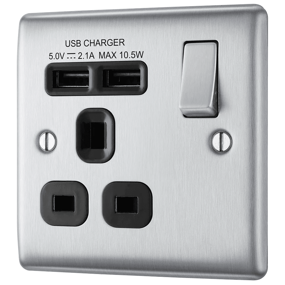 BG NEXUS Single Switched 13A Power Socket with USB Charging - 2X USB