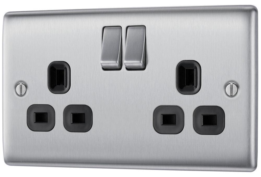 BG Nexus Metal Double Switched 13A Power Socket Brushed Steel NBS22B-01