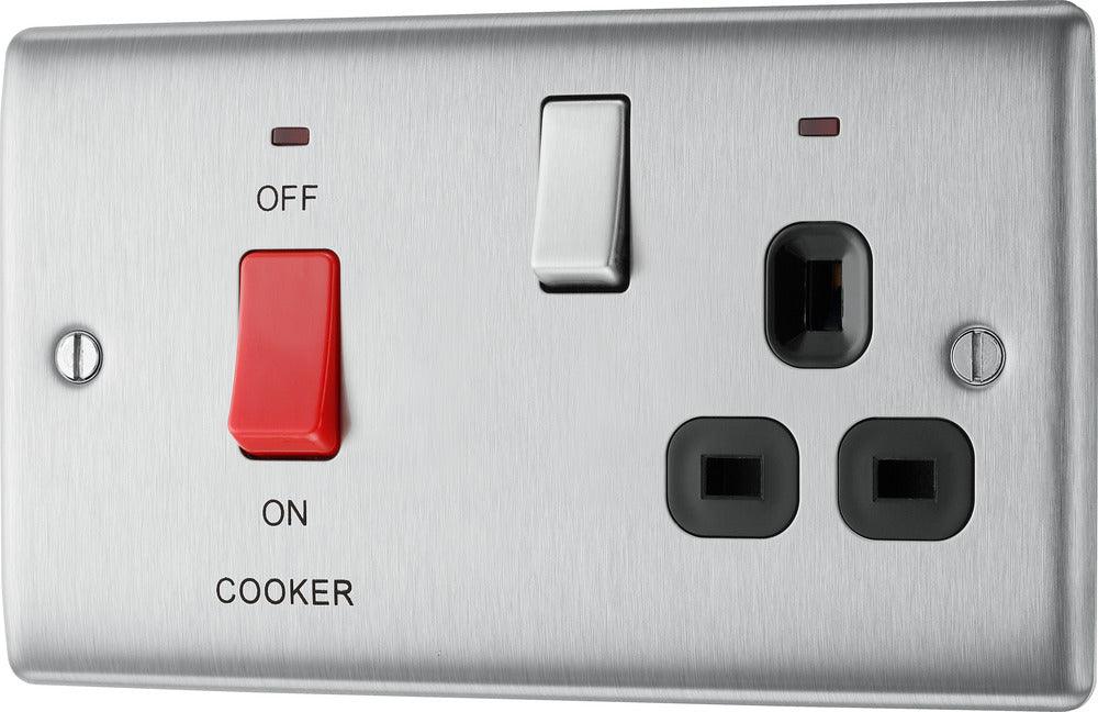 BG Nexus Metal 45A Cooker Control Unit with Switched 13A Power Socket, includes Power Indicators Brushed Steel NBS70B-01