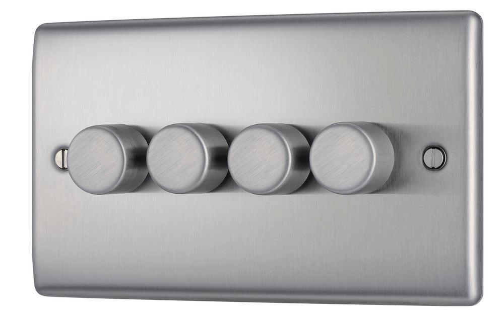 BG Nexus Metal Quadruple Intelligent LED Dimmer Switch, 2-Way Push On/Off Brushed Steel NBS84-01