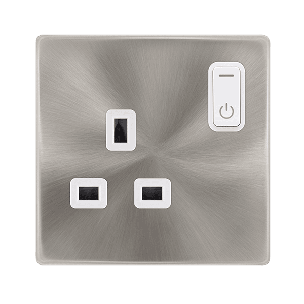 Click Smart+ Definity 13A Single Gang RF Smart Socket in Brushed Steel & Pearl White SFBS30035PW