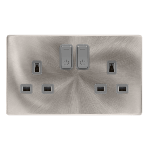 Click Smart+ Definity 13A Double Gang RF Smart Socket in Brushed Steel & Grey SFBS30036GY