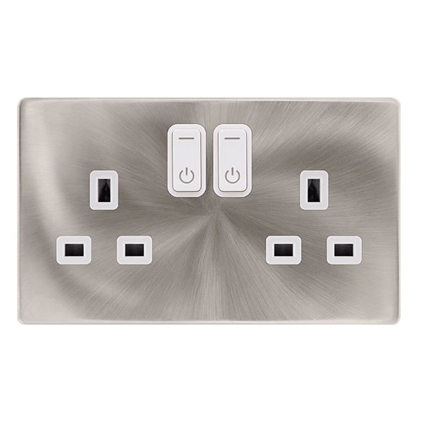 Click Smart+ Definity 13A Double Gang RF Smart Socket in Brushed Steel & Pearl White
