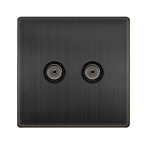 Definity Twin Non-Isolated Coaxial Outlet - Matt Bronze Cover Plate - Black Insert SFBZ066BK | Prisma Lighting