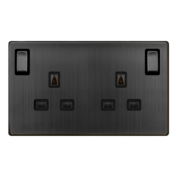 Definity 13A Ingot 2 Gang Dp Switched Safety Shutter Socket With Outboard Rockers- Matt Bronze Cover Plate - Black Insert SFBZ1836BK | Prisma Lighting