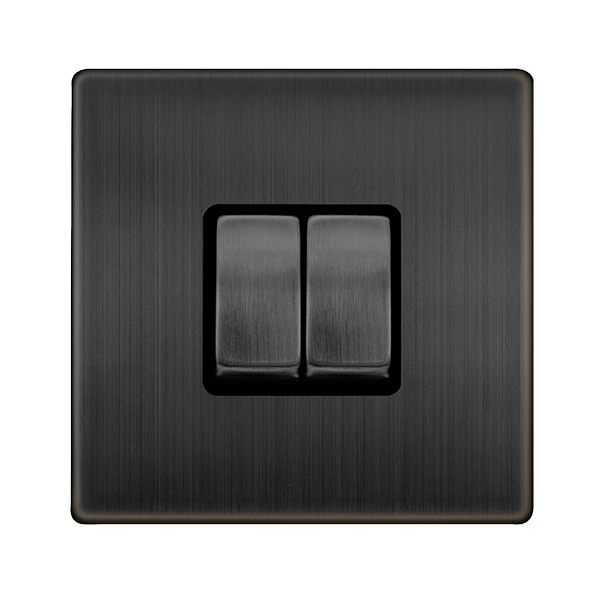 Definity 10Ax Ingot 2 Gang 2 Way Switch - Matt Bronze Cover Plate - Black Insert SFBZ412BK | Prisma Lighting