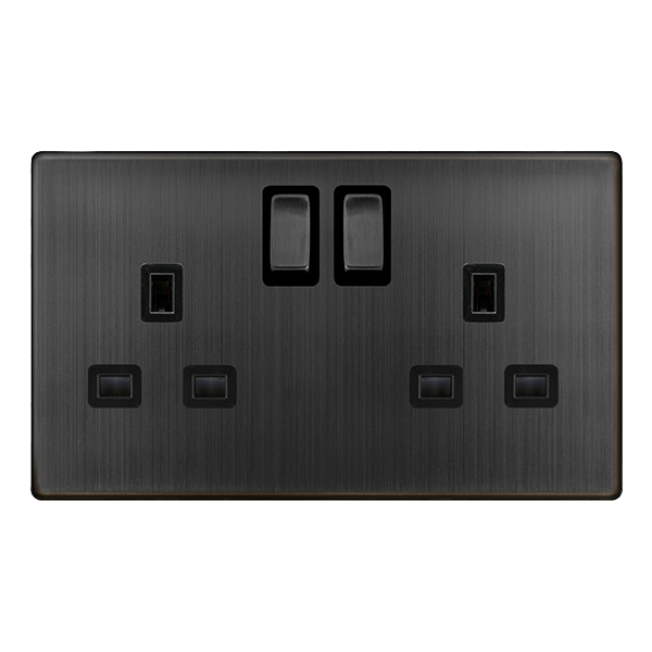 Definity 13A Ingot 2 Gang Dp Switched Socket - Matt Bronze Cover Plate - Black Insert SFBZ536BK | Prisma Lighting