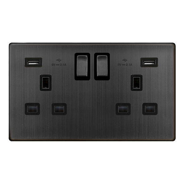 Definity 13A Ingot 2 Gang Switched Socket With 2.1A Usb Outlets - Matt Bronze Cover Plate - Black Insert SFBZ580BK | Prisma Lighting