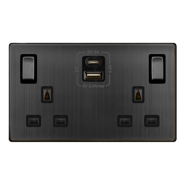 Definity 13A Ingot 2 Gang Switched Safety Shutter Socket With Type A & C Usb - Matt Bronze Cover Plate - Black Insert SFBZ586BK | Prisma Lighting