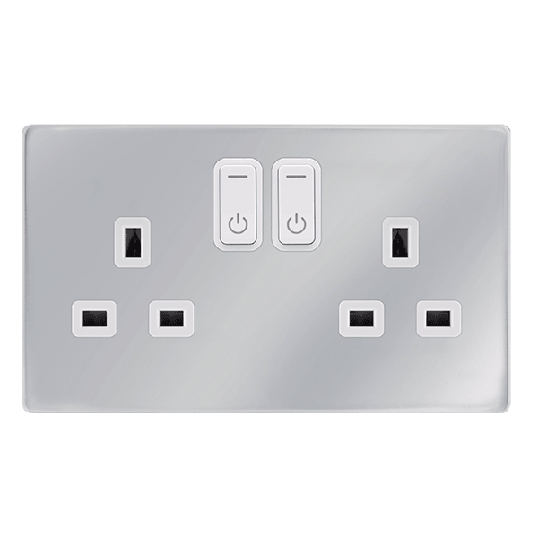 Click Smart+ Definity 13A Double Gang RF Smart Socket in Chrome & Pearl White