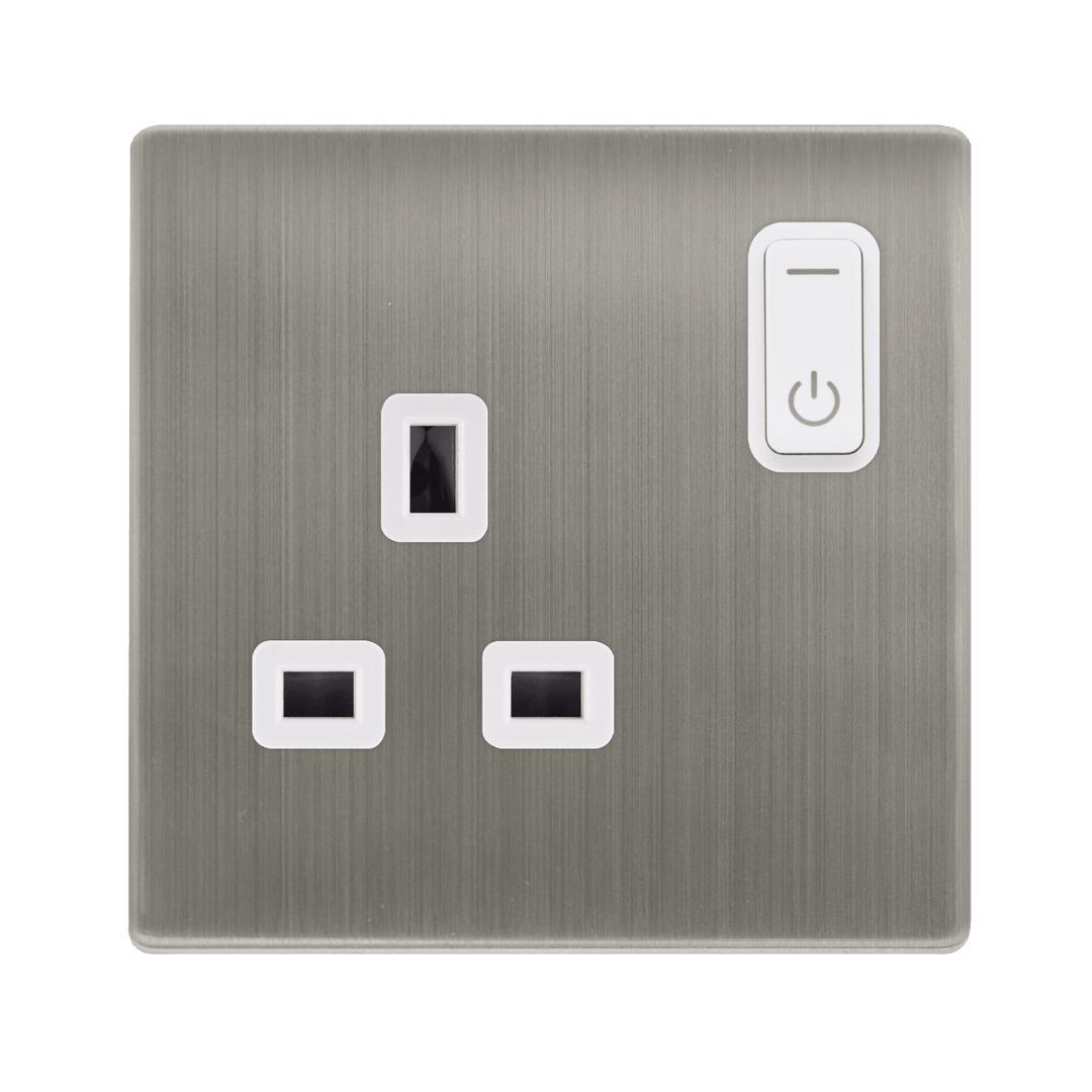 Click Smart+ Definity 13A Single Gang RF Smart Socket in Stainless Steel & Pearl White