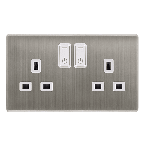 Click Smart+ Definity 13A Double Gang RF Smart Socket in Stainless Steel & Pearl White